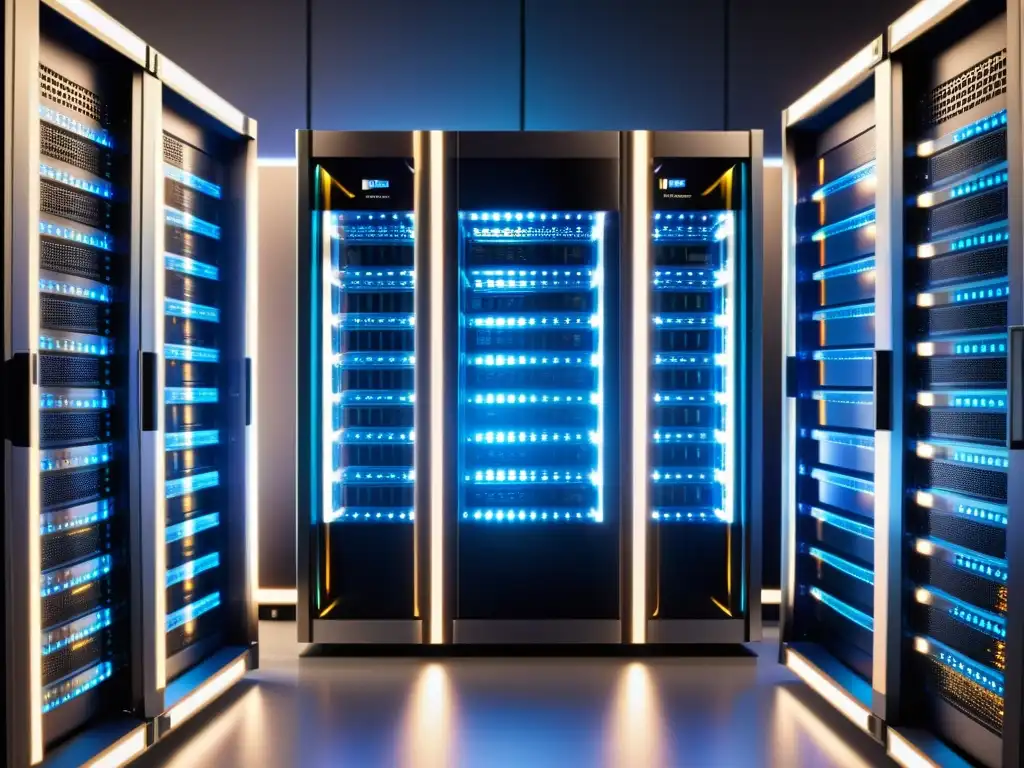 Un servidor futurista con luces LED parpadeantes y circuitos visibles a través de paneles transparentes