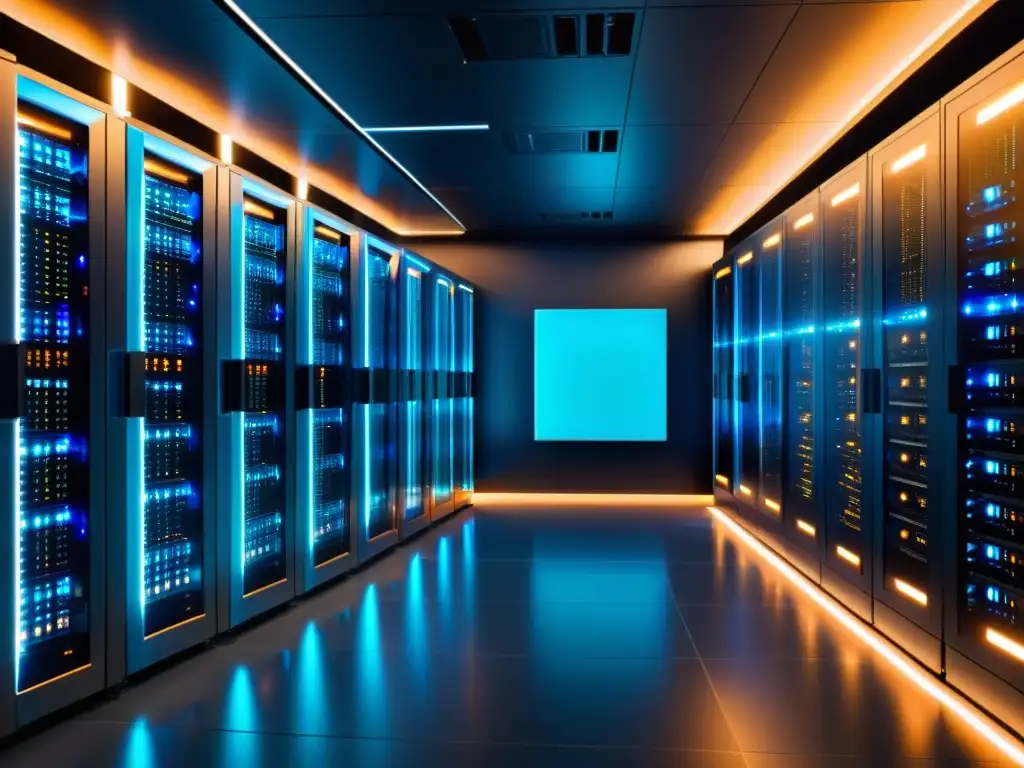 Un servidor moderno y eficiente en una sala tecnológica, con un diseño futurista y ordenado
