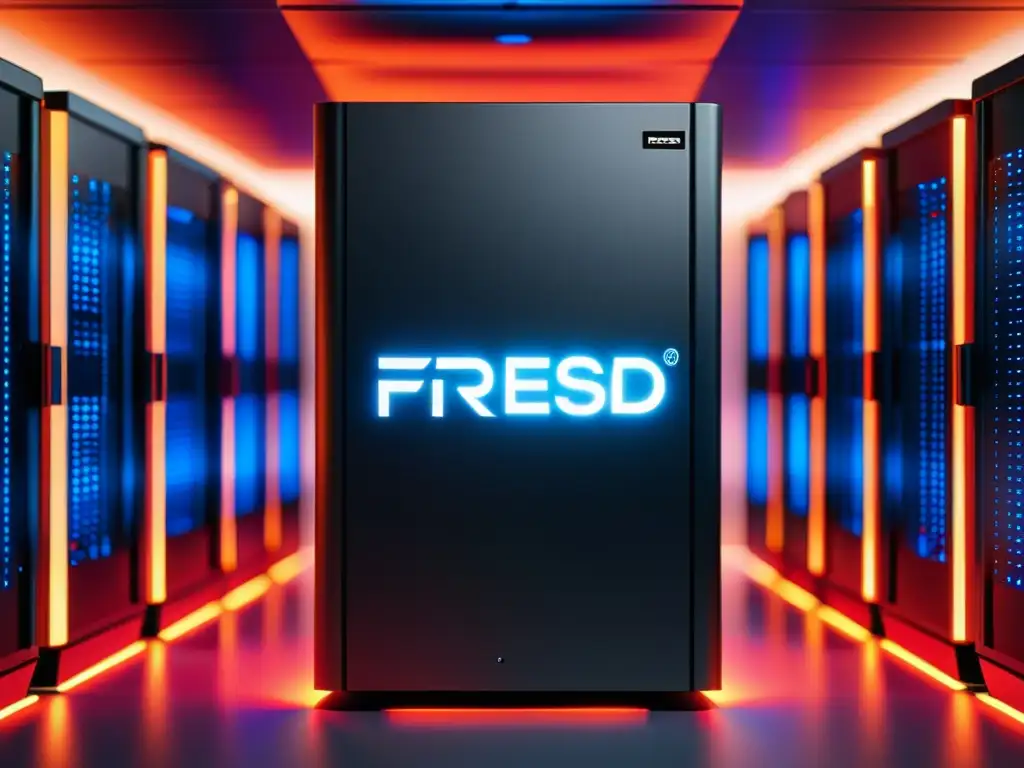 Configuración servidor web Apache FreeBSD en un moderno rack, rodeado de líneas luminosas y una atmósfera profesional y tecnológica