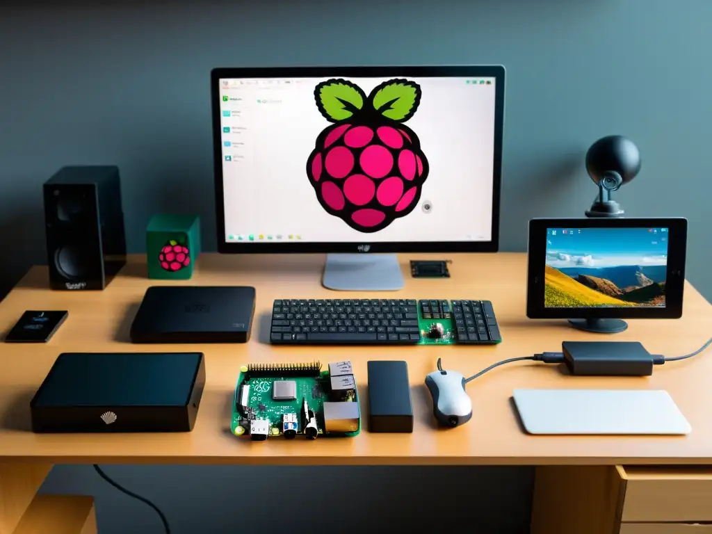 Un setup moderno de Raspberry Pi con componentes avanzados y ordenados en un escritorio minimalista