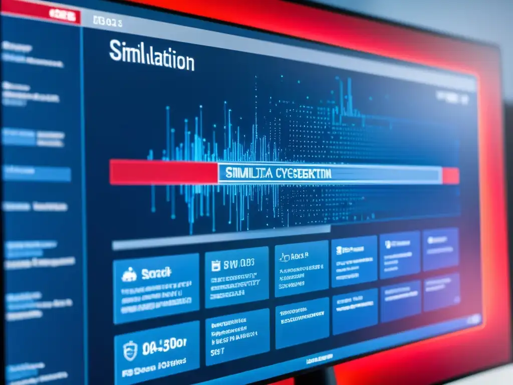 Simulación de amenazas con herramientas open source: Intensa pantalla de ciberseguridad con códigos, alertas y urgencia en tonos azul y rojo