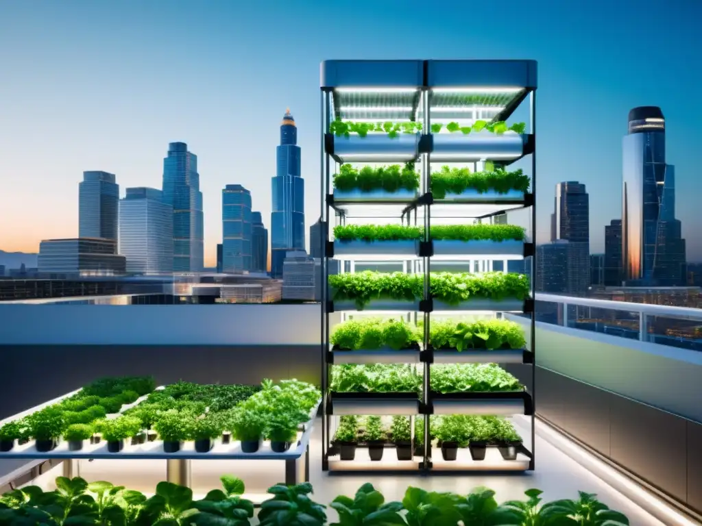 Un sistema de agricultura vertical futurista con tecnología open source para agricultura urbana, integrando plantas exuberantes y modernidad urbana