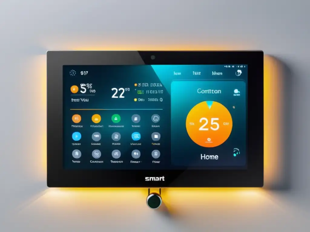 Sistema inteligente hogar con Arduino: Panel de control moderno con pantalla táctil, rodeado de dispositivos inteligentes en una pared blanca