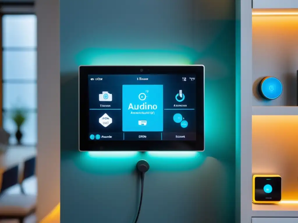 Un sistema inteligente hogar con Arduino en una casa moderna y elegante, integrando dispositivos smart como luces, termostatos y cámaras de seguridad