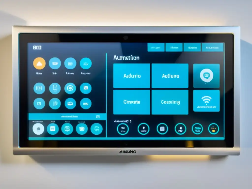 Sistema inteligente hogar con Arduino: Imagen detallada de un hogar futurista con dispositivos interconectados y modernos electrodomésticos integrados