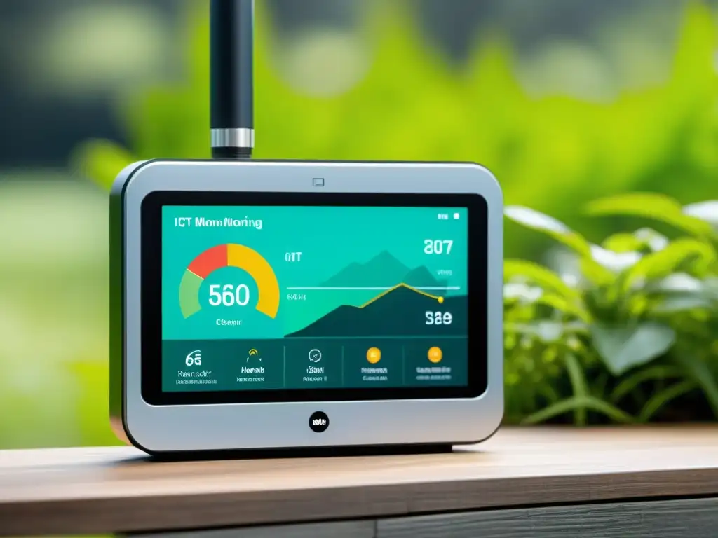 Un sistema de monitoreo ambiental IoT de código abierto con diseño futurista, integrado en el entorno natural, mostrando casos de uso reales