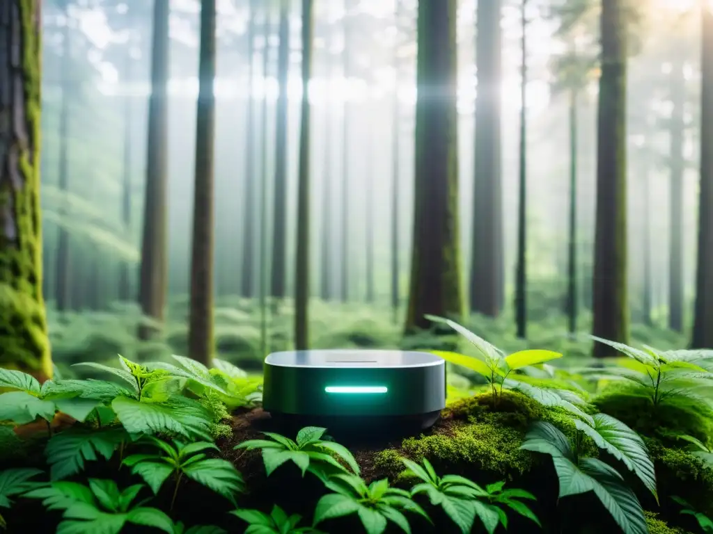 Un sistema de monitoreo ambiental IoT en un exuberante bosque, fusionando tecnología y naturaleza