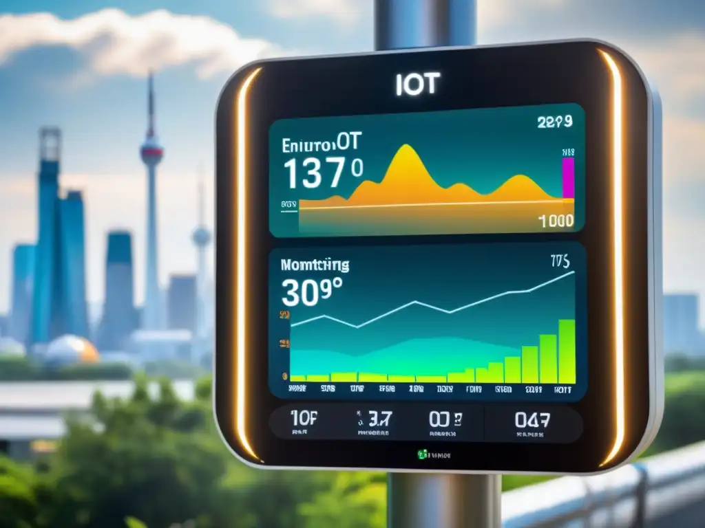 Un sistema de monitoreo ambiental IoT en acción, con sensores en un entorno urbano, mostrando casos de uso reales IoT código abierto