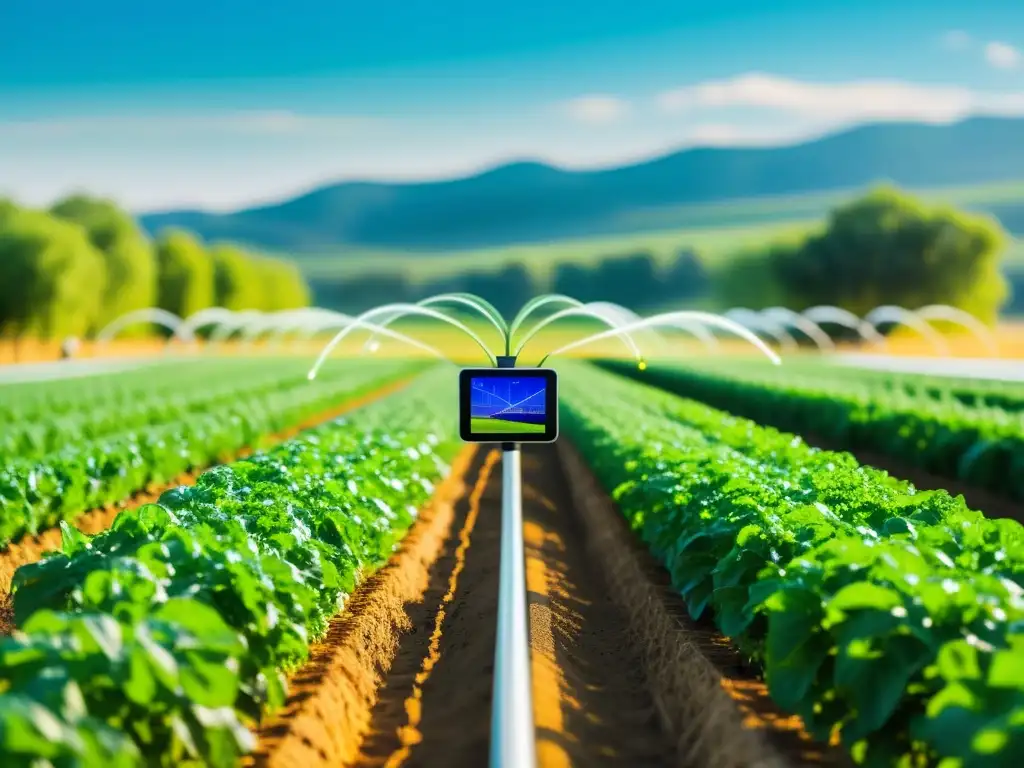 Un sistema de riego inteligente IoT en un campo agrícola vibrante y exuberante, mostrando tecnología avanzada en acción