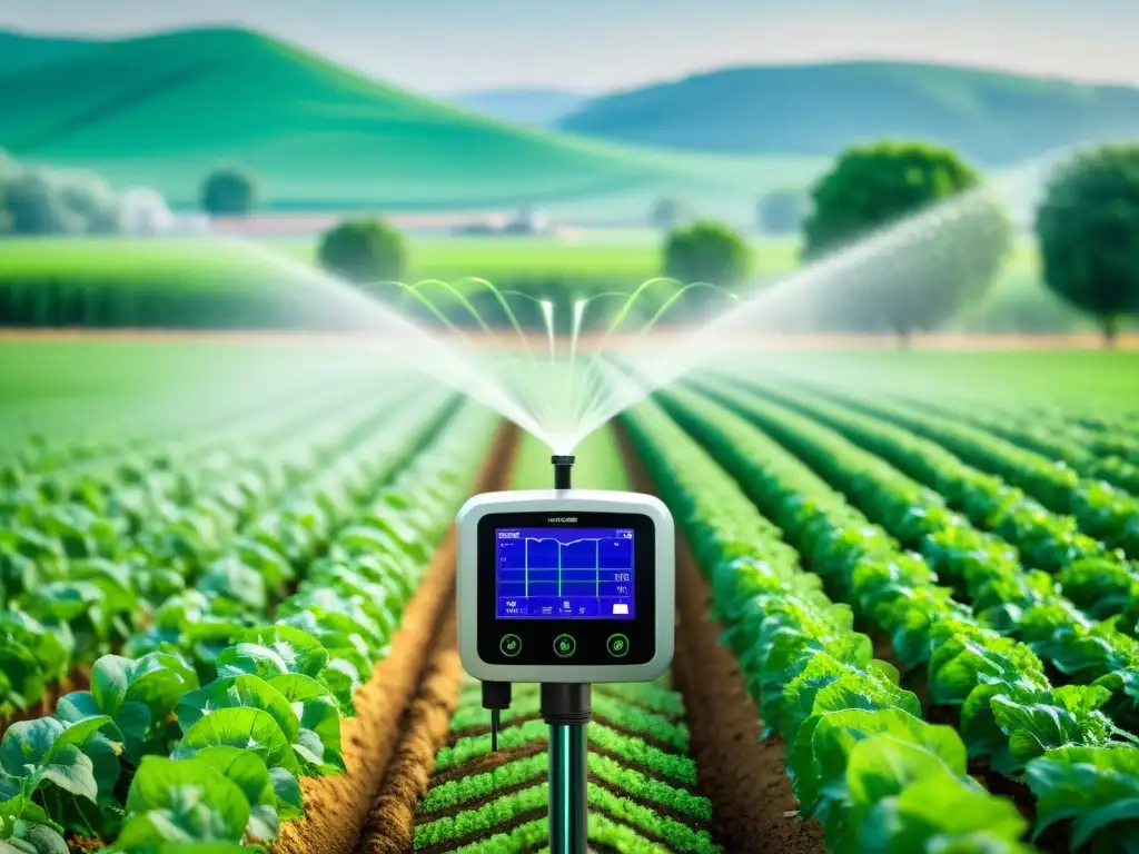 Smart Irrigation: Innovación IoT en Agricultura Un sistema de riego inteligente con IoT en un campo agrícola, integrando tecnología de código abierto para monitorizar condiciones del suelo y clima