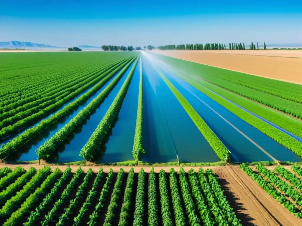 Implementación de sistema de riego inteligente open source en campo agrícola con tecnología avanzada y cultivos vibrantes bajo cielo azul