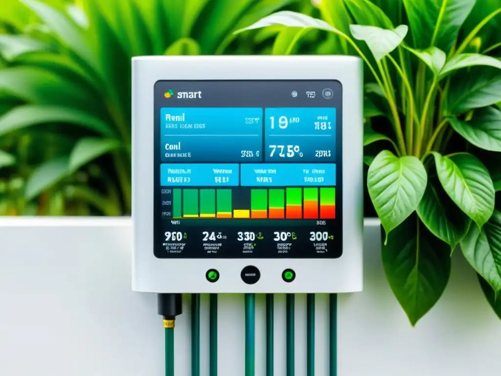 Implementar sistema riego inteligente open source con panel de control moderno y eficiente, rodeado de exuberante vegetación