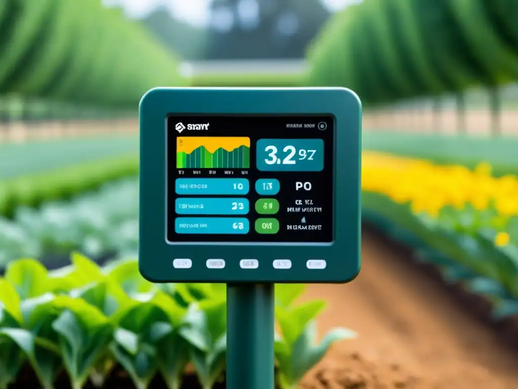 Sistema de riego inteligente IoT con panel de control digital, ajuste de horarios de riego y jardín exuberante