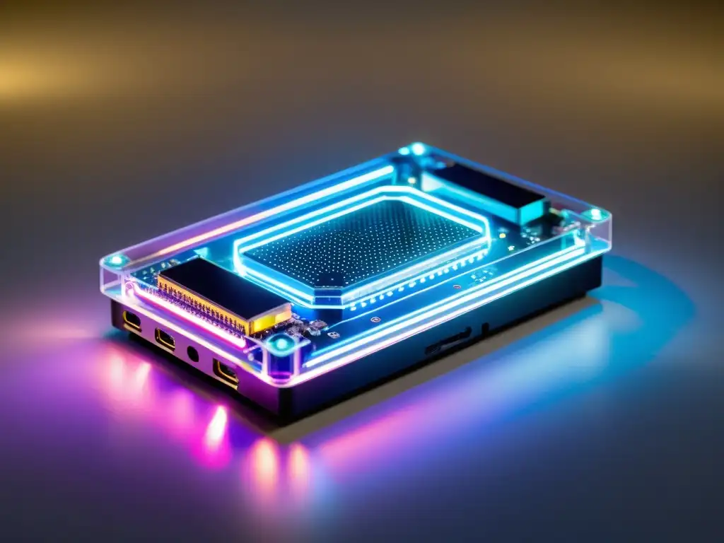 Sistemas Operativos Open Source para IoT: Dispositivo IoT moderno con circuitos expuestos rodeado de sensores y gadgets inteligentes, con una iluminación futurista