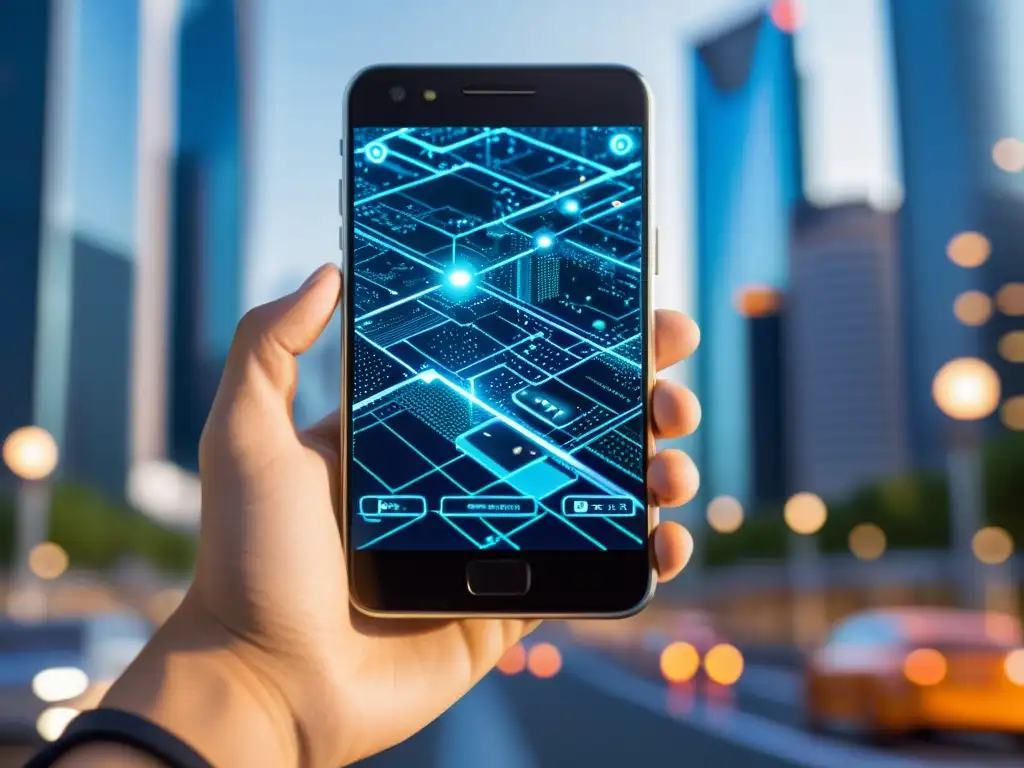 Un smartphone futurista muestra avanzadas medidas de seguridad móvil en una ciudad digital