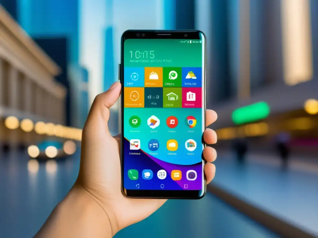 Un smartphone futurista con pantalla vibrante muestra el éxito de Android en software abierto, integrándose en la cultura mainstream