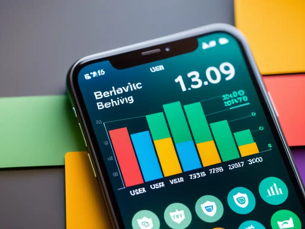 Un smartphone muestra gráficos de monitoreo de comportamiento del usuario, enfocados en privacidad y ética