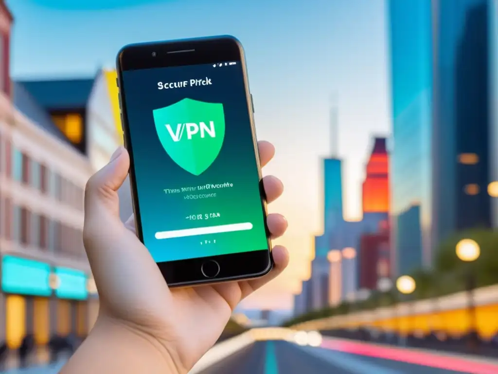 Un smartphone muestra una interfaz de app VPN futurista con diseño minimalista y colores vibrantes