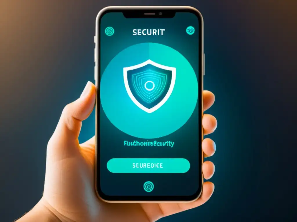 Smartphone con interfaz de seguridad futurista, enfocando en el sistema operativo móvil