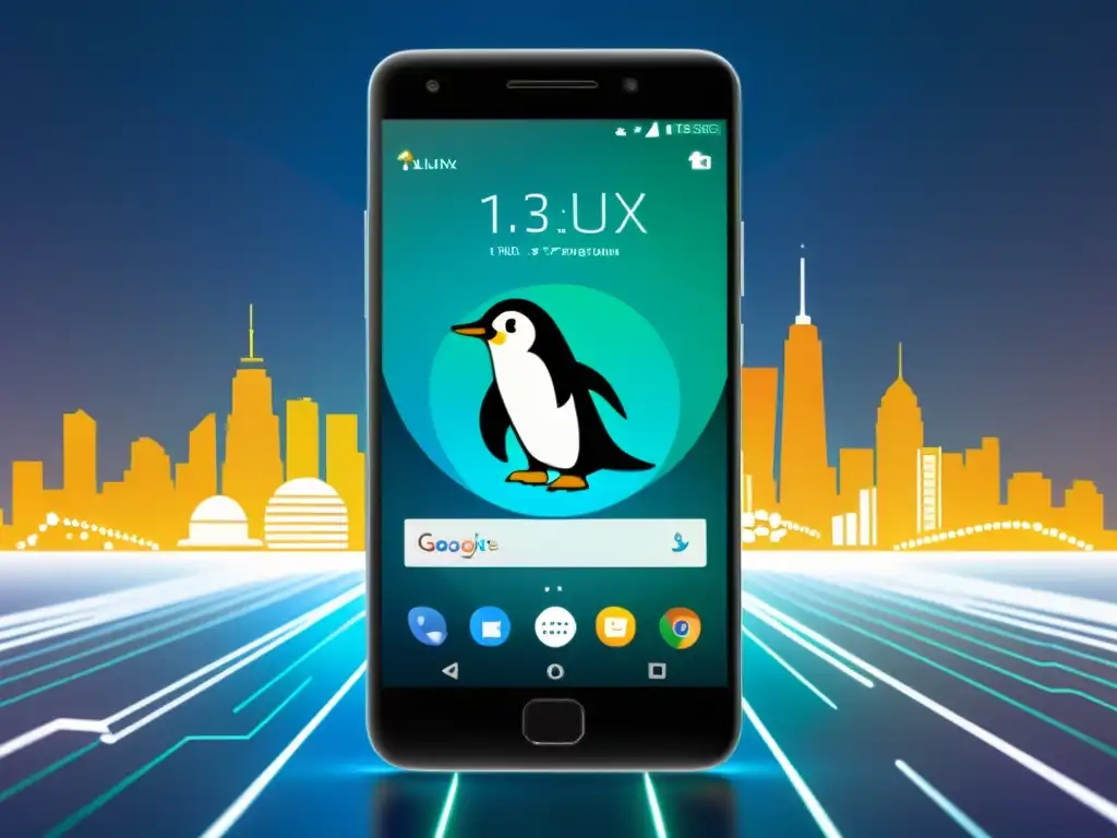 Smartphone con logo de Linux, código abierto y ciudad futurista, integrando Linux en smartphones código abierto