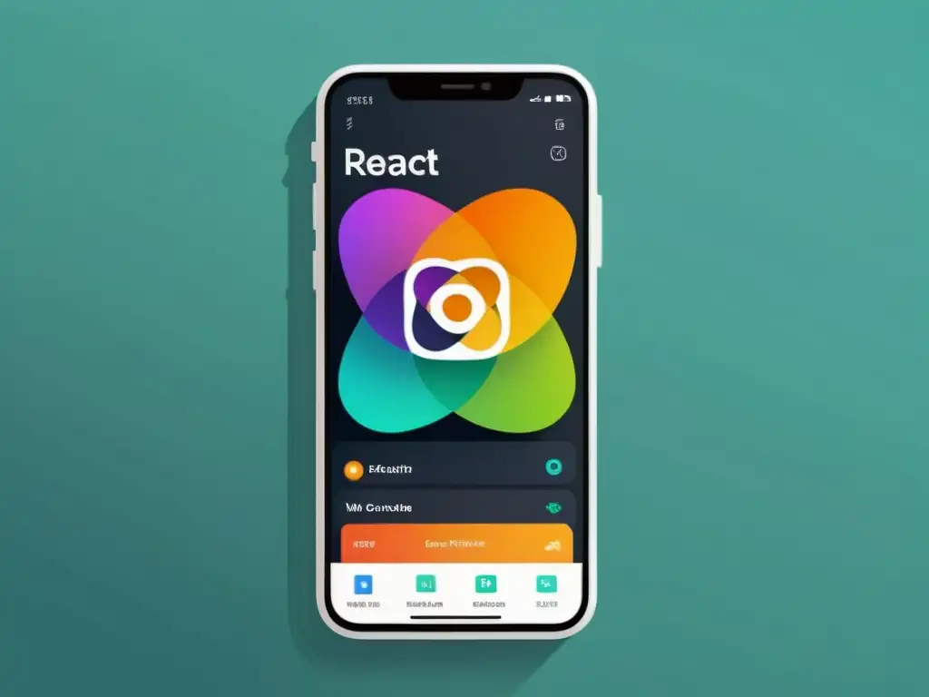 Un smartphone moderno exhibe una app en React Native con interfaz limpia, colores vibrantes y elementos interactivos