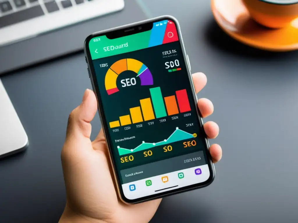 Un smartphone moderno muestra un detallado análisis técnico SEO con gráficos coloridos y datos