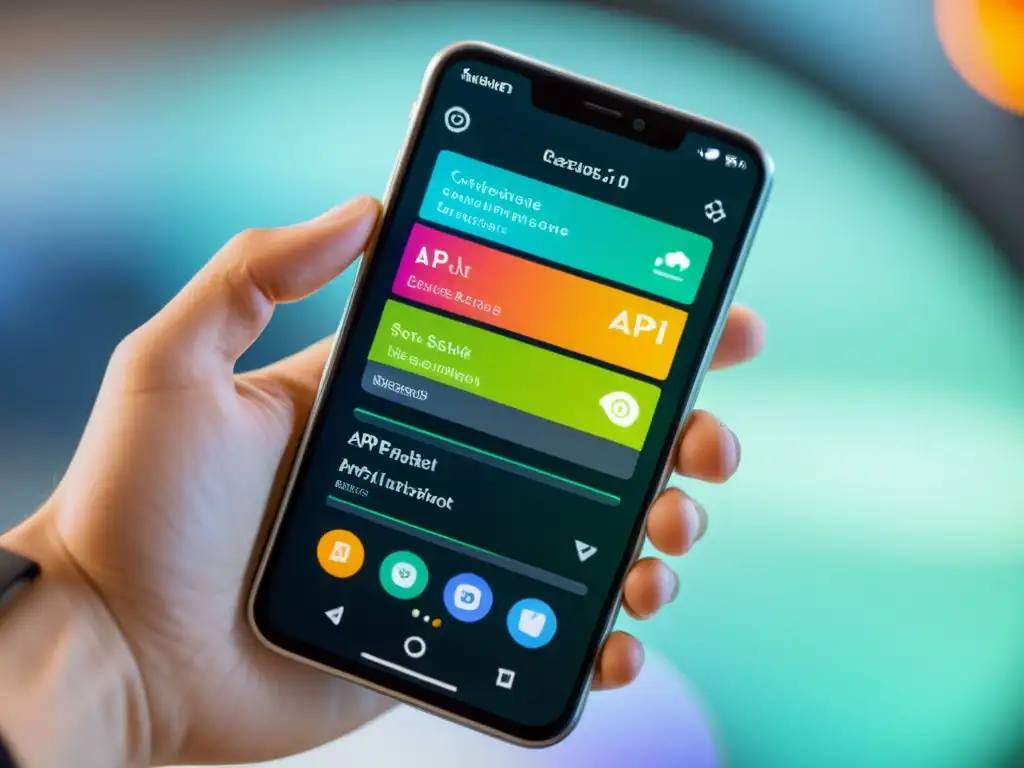 Un smartphone moderno muestra una interfaz dinámica y minimalista de API RESTful
