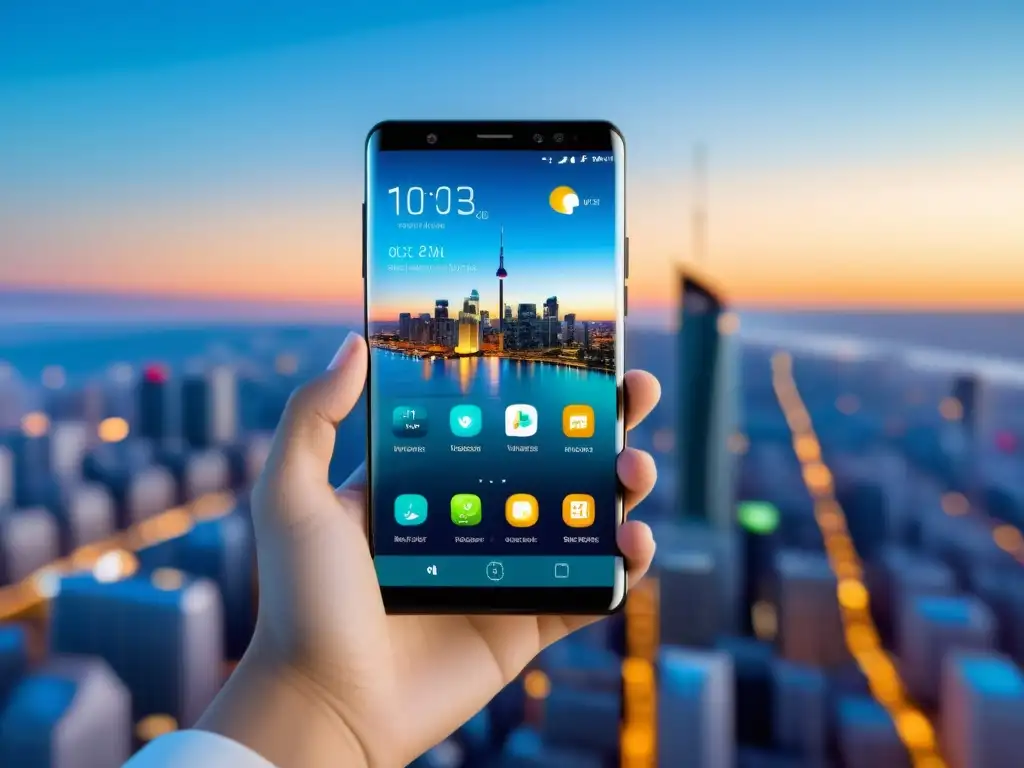 Un smartphone moderno con la interfaz de LuneOS en la pantalla, mostrando su integración de apps y diseño elegante en una ciudad futurista