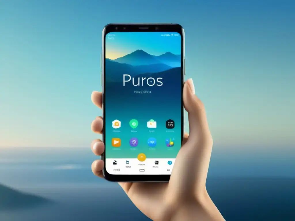 Un smartphone moderno muestra la interfaz PureOS con iconos nítidos, diseño minimalista y navegación intuitiva