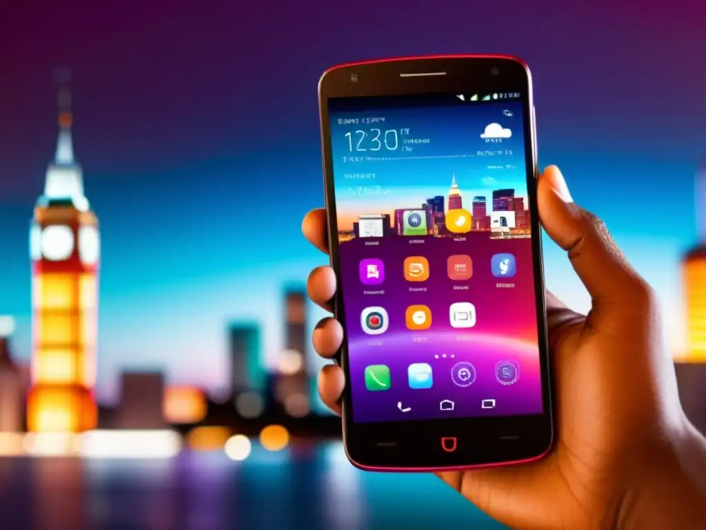 Un smartphone moderno con la interfaz Ubuntu Touch en una futurista ciudad