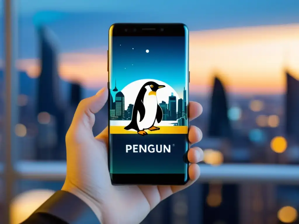 Smartphone moderno con el logo del pingüino Linux en pantalla, sostenido por persona de negocios con ciudad futurista de fondo