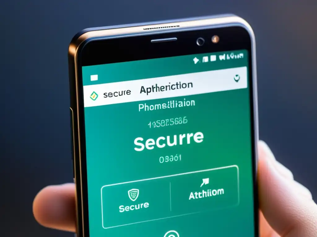 Un smartphone moderno con pantalla de autenticación segura en aplicaciones de código abierto, en un entorno profesional y minimalista
