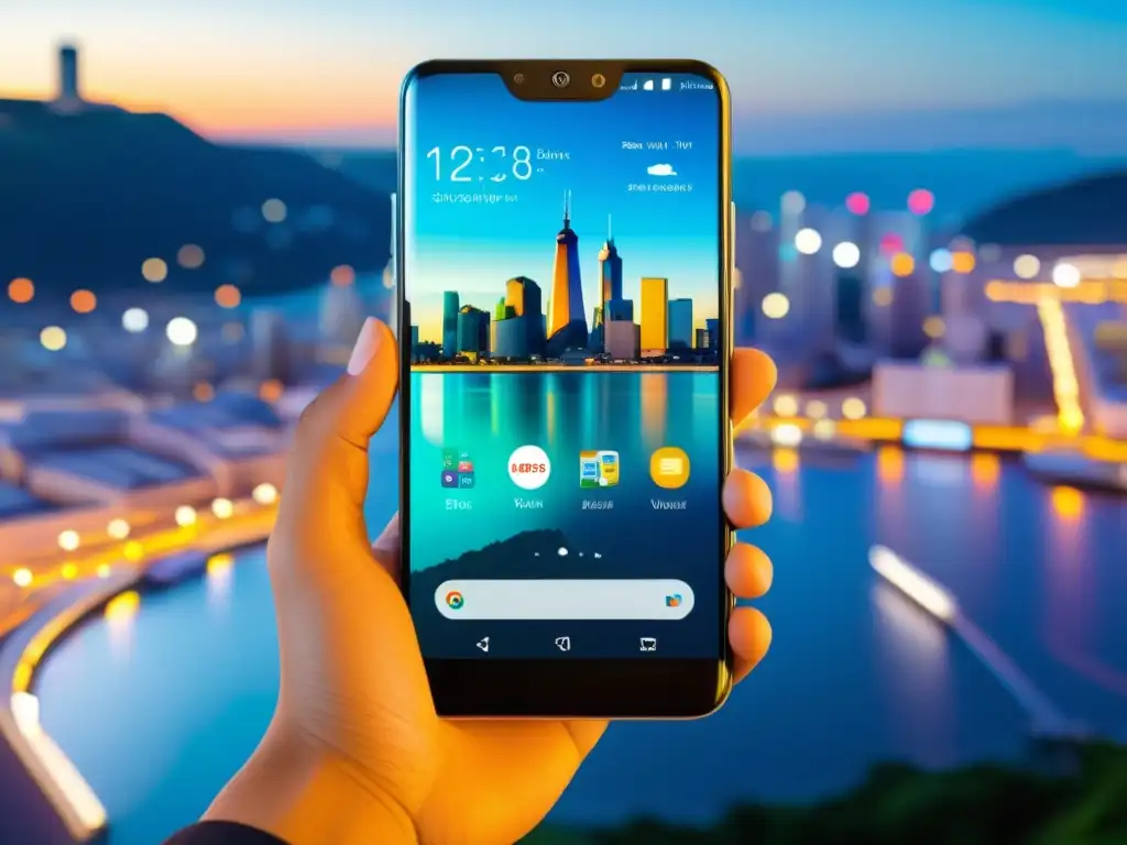 Un smartphone moderno con pantalla vibrante y sistema Linux para smartphones de código abierto, sostenido en una mano, con ciudad futurista de fondo