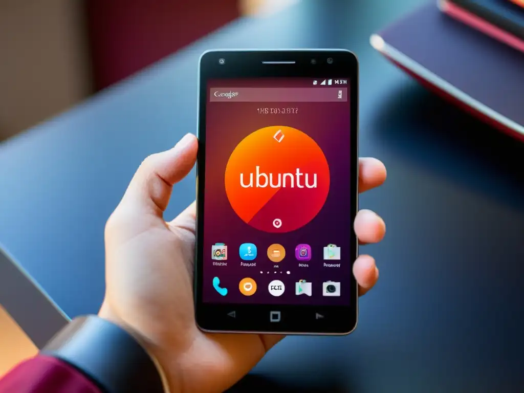 Un smartphone moderno con pantalla vibrante exhibiendo la interfaz Ubuntu Touch