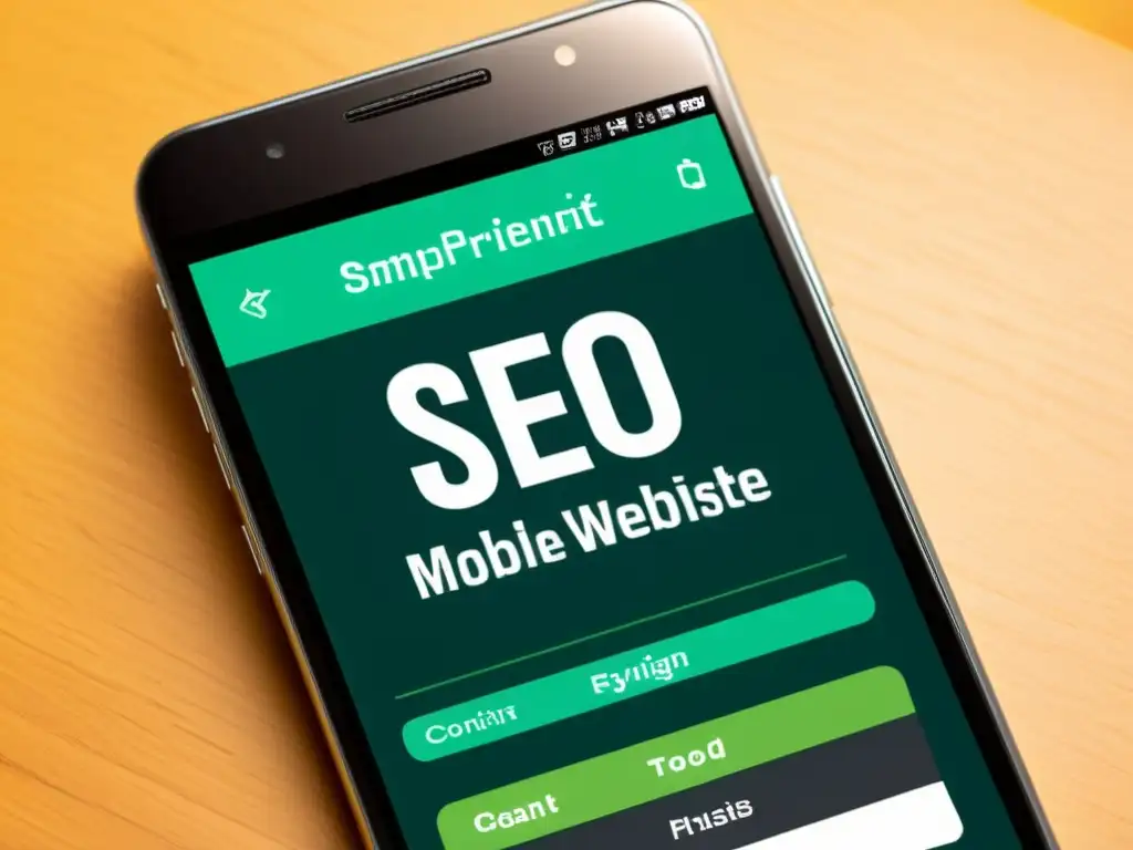 Un smartphone moderno muestra un sitio web móvil con óptima optimización SEO, destacando diseño limpio y rápido acceso a contenido