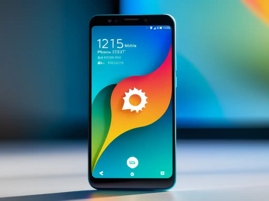 Un smartphone moderno muestra la interfaz Plasma Mobile para smartphones KDE, con colores vibrantes y diseño minimalista