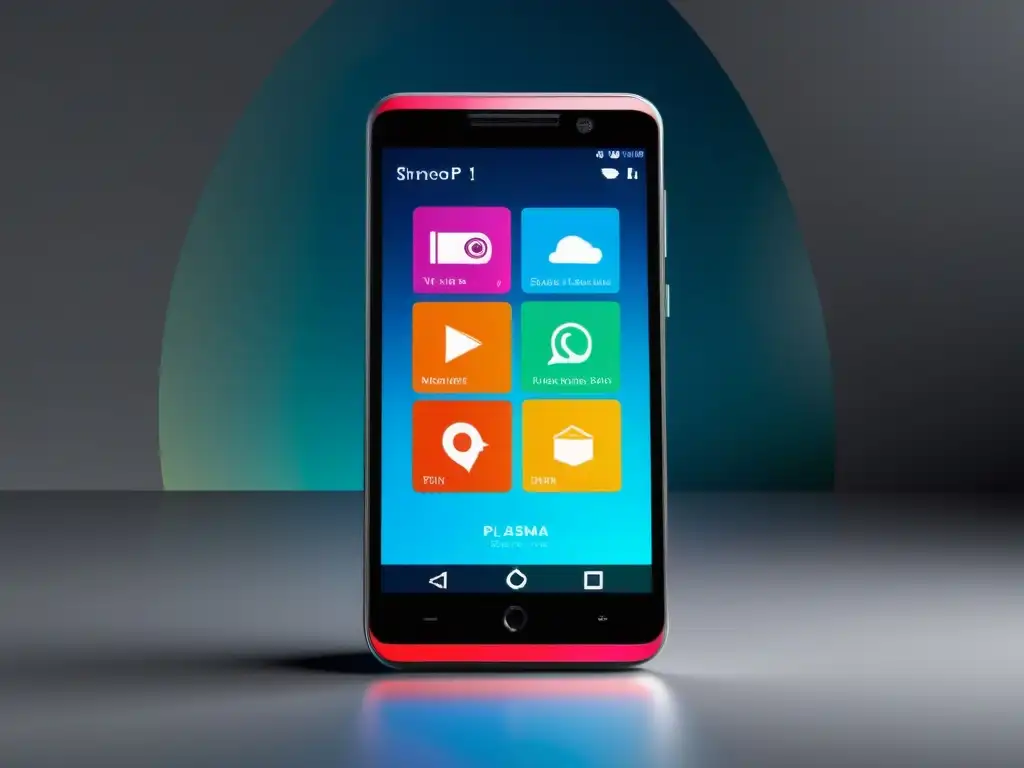 Un smartphone moderno con la interfaz Plasma Mobile para smartphones KDE, iconos vibrantes de alta resolución y diseño minimalista