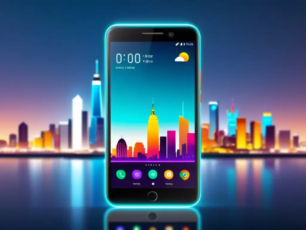 Smartphone con pantalla de borde a borde, sistema operativo Linux personalizado y ciudad futurista de fondo
