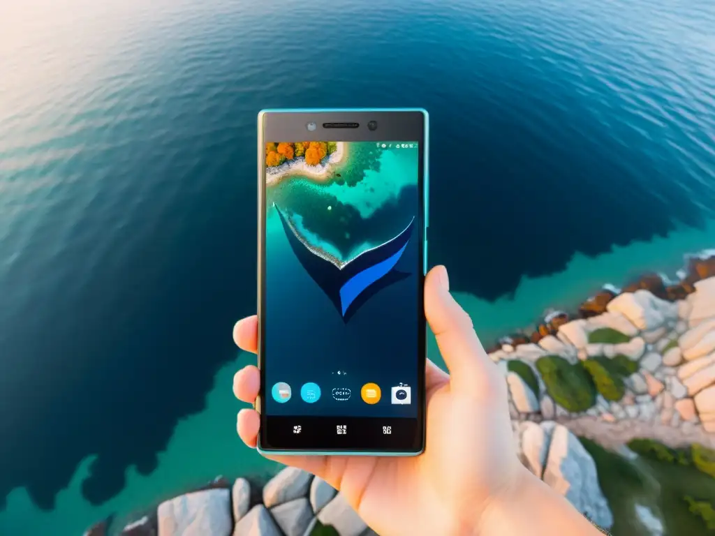 Un smartphone con Sailfish OS en primer plano, muestra la interfaz vibrante y moderna sobre la costa rocosa del Mar Báltico