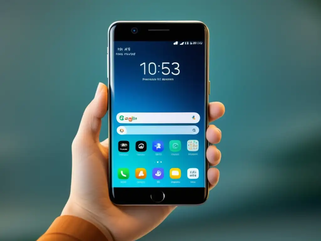 Smartphone con sistema operativo móvil de código abierto, destacando su diseño moderno y apps variadas