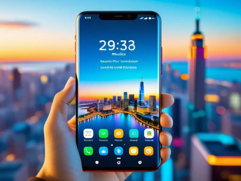 Smartphone con sistema operativo móvil de código abierto mostrando seguridad en la interfaz y ciudad futurista al fondo