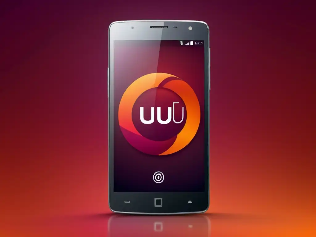 Un smartphone con Ubuntu Touch experiencia Linux bolsillo, en un entorno minimalista y futurista, destacando su diseño elegante y amigable