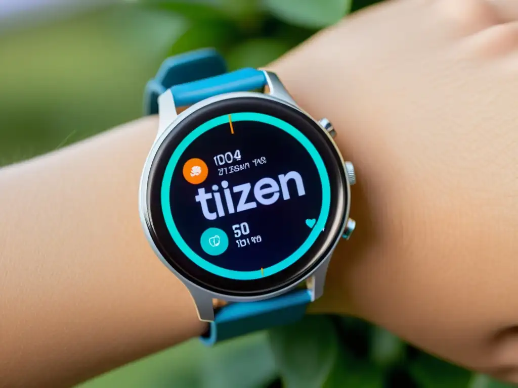 Un smartwatch elegante con interfaz Tizen OS de alta resolución, widgets personalizables y diseño minimalista