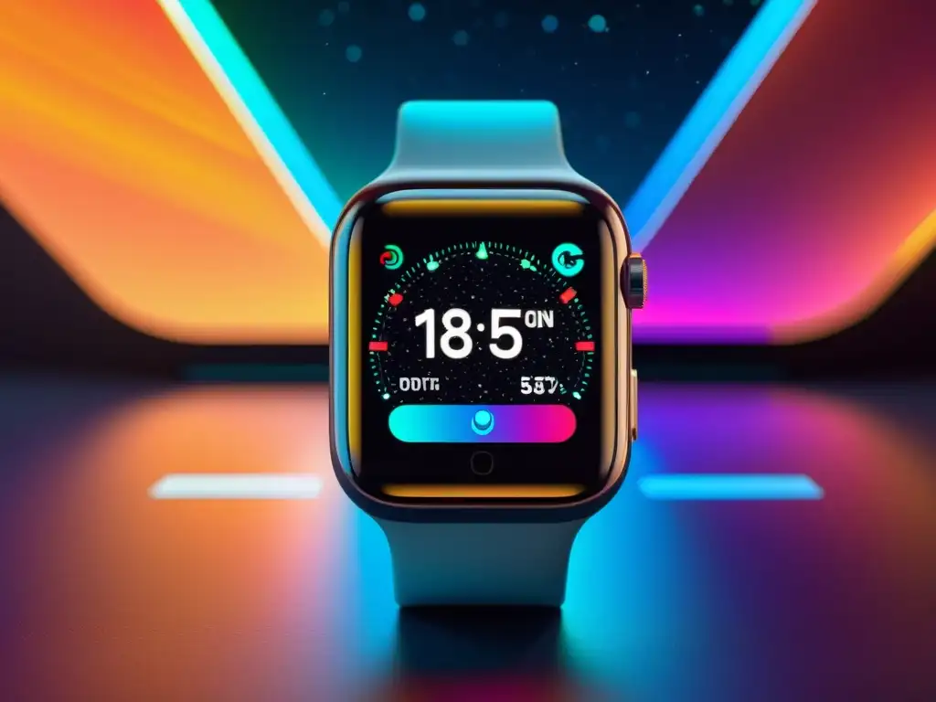 Un smartwatch moderno con AsteroidOS en la pantalla y una esfera personalizable de colores vibrantes y detalles intrincados