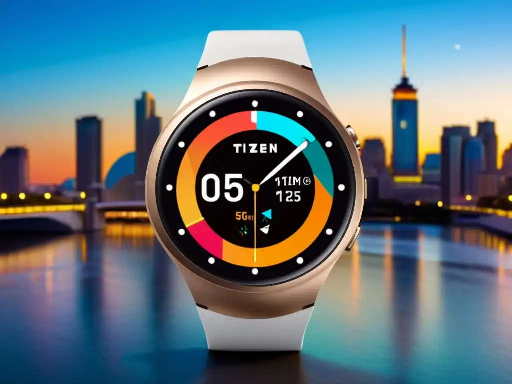 Un smartwatch moderno con pantalla vibrante de alta resolución, mostrando la interfaz personalizable de Tizen OS