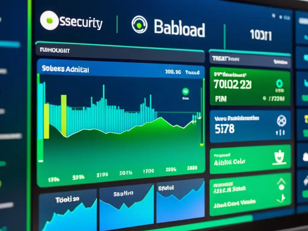 Un sofisticado y futurista panel de ciberseguridad con visualizaciones de datos en tiempo real