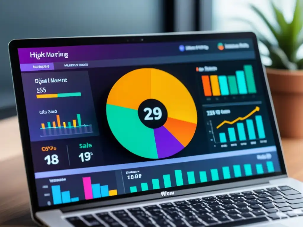 Un sofisticado panel de control de marketing digital con gráficos, análisis en tiempo real y diseño futurista