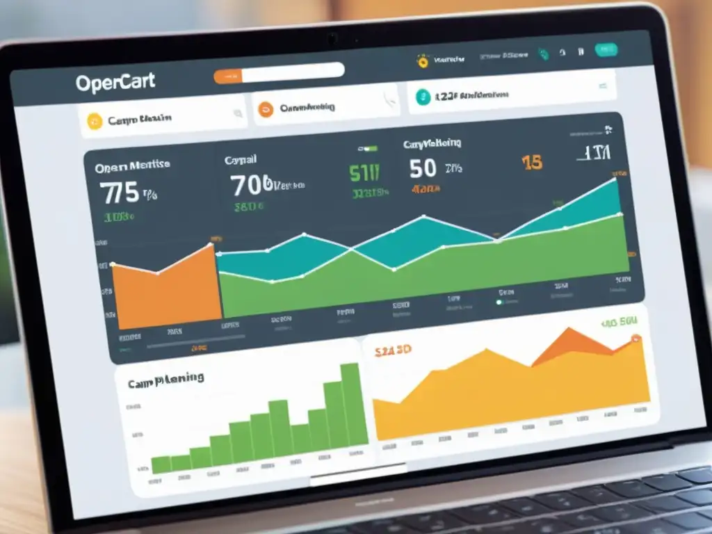 Un sofisticado panel de OpenCart muestra las mejores estrategias de marketing digital, con análisis en tiempo real y gráficos coloridos