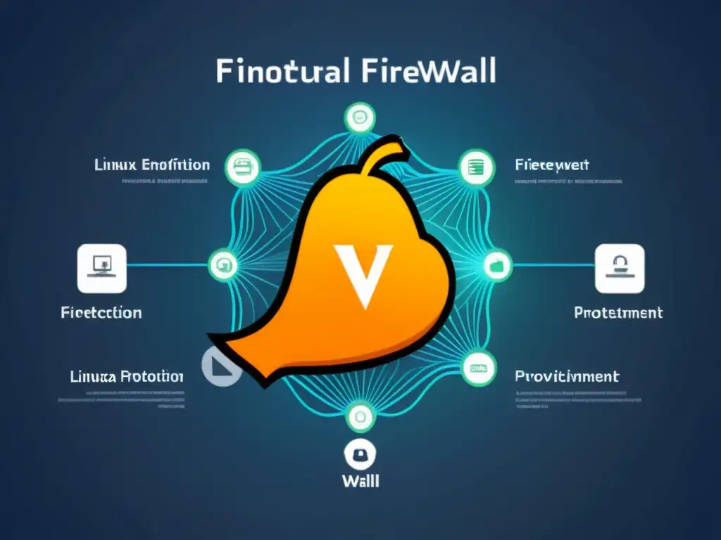 Un sofisticado sistema de firewall en un entorno Linux, simbolizando la protección de datos en Linux con una estructura futurista y aura protectora