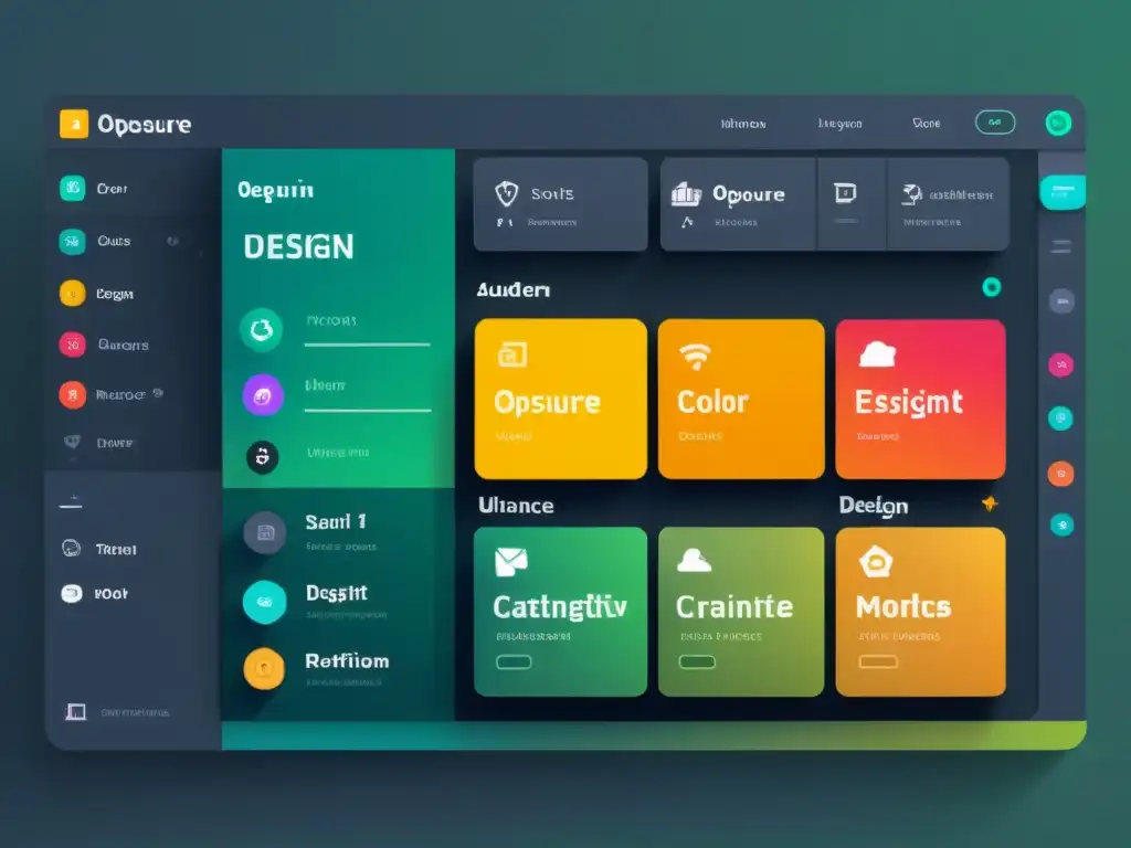 Diseño UI con software abierto: Interfaz moderna y minimalista con colores vibrantes, elementos de diseño versátiles y atractivos